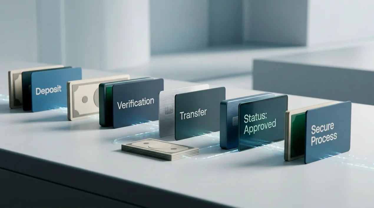 Abstract payment cards and currency checklist without real logos