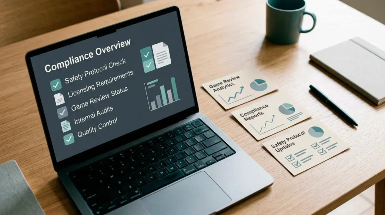 Editorial illustration of a UK-focused Qbet review dashboard with licence, games, bonus and payment checks