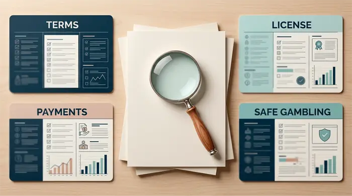 Qbet UK review due-diligence checklist illustration covering terms, UKGC register, payments and safer-gambling checks